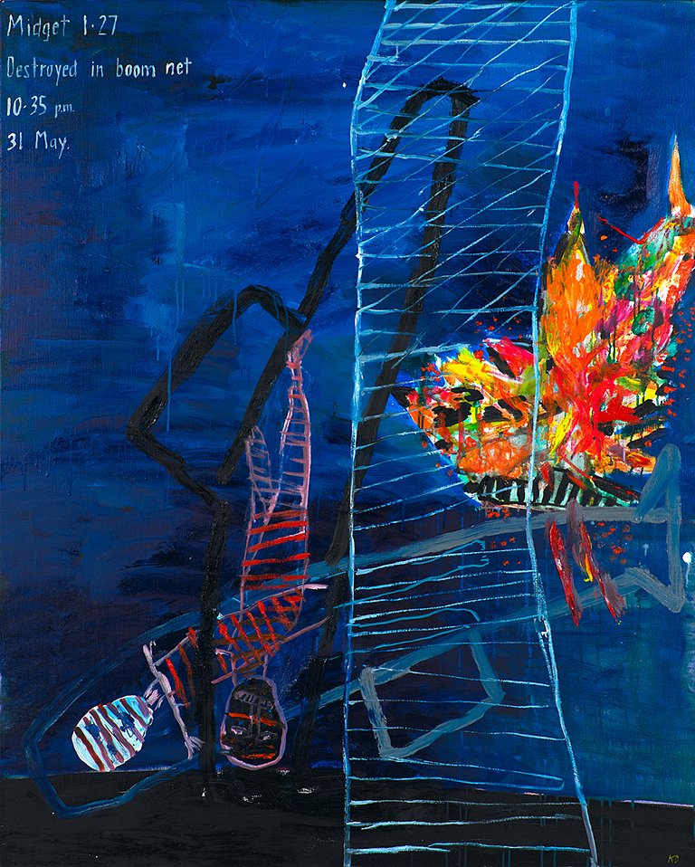 <p><em><strong>Caught in the net</strong></em>, 2011, oil and acrylic on canvas, 152 x 122 cm</p>